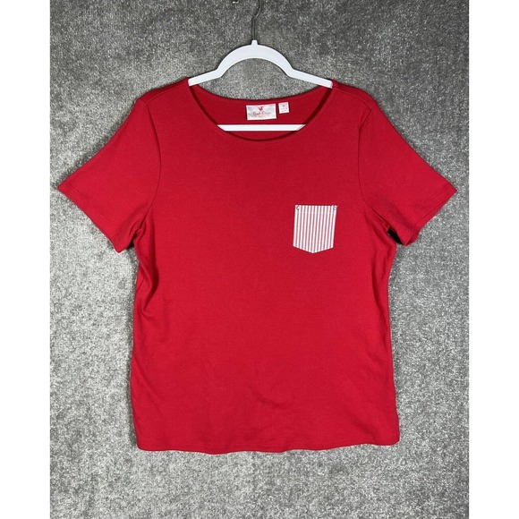 Quacker Factory Short Sleeve Knit Top Seersucker Stripe Pocket Womens Medium Red - Picture 1 of 16